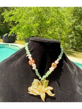 Artisan Statement Necklace Floral Pendant Aventurine Rose Quartz Beads Cloisonné